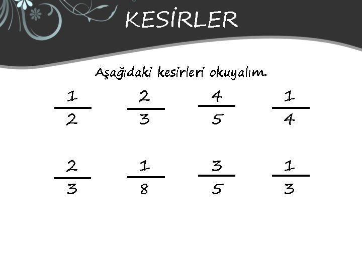 KESİRLER 1 2 2 3 Aşağıdaki kesirleri okuyalım. 2 3 4 5 1 4