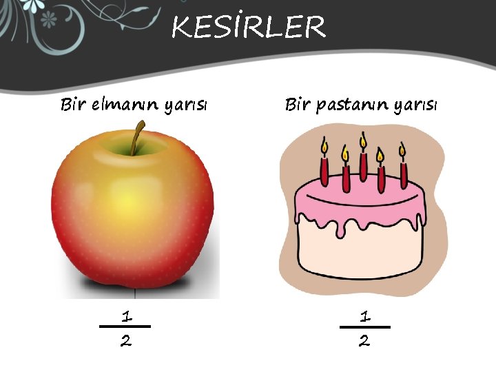 KESİRLER Bir elmanın yarısı 1 2 Bir pastanın yarısı 1 2 