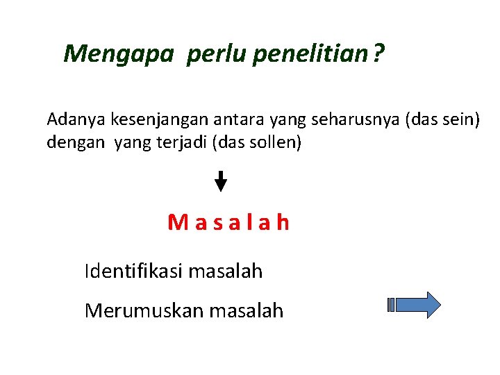 Mengapa perlu penelitian ? Adanya kesenjangan antara yang seharusnya (das sein) dengan yang terjadi