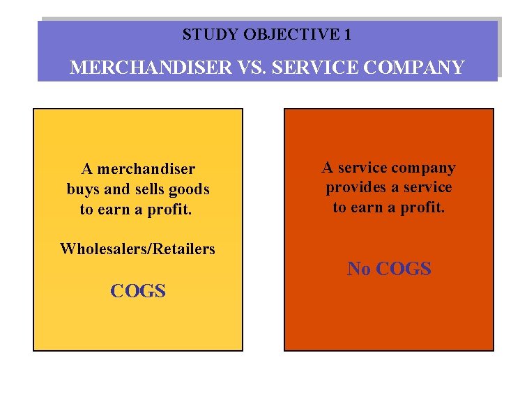 STUDY OBJECTIVE 1 MERCHANDISER VS. SERVICE COMPANY A merchandiser buys and sells goods to
