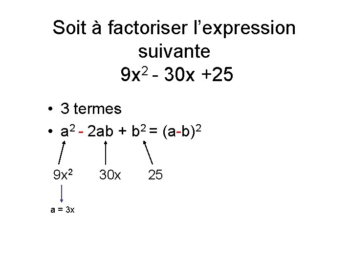 Soit à factoriser l’expression suivante 9 x 2 - 30 x +25 • 3