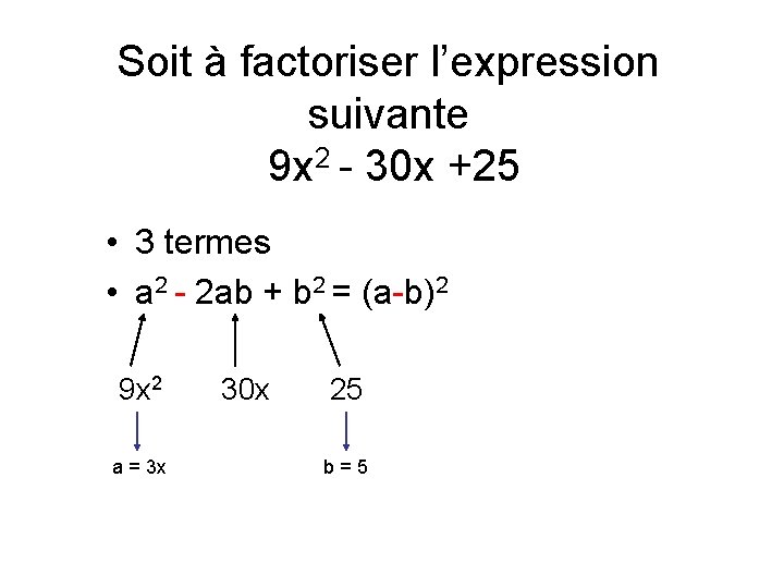 Soit à factoriser l’expression suivante 9 x 2 - 30 x +25 • 3