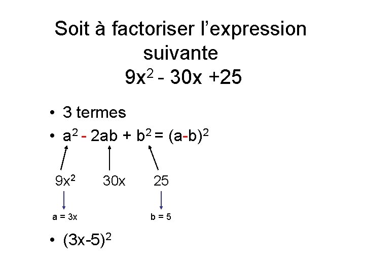 Soit à factoriser l’expression suivante 9 x 2 - 30 x +25 • 3