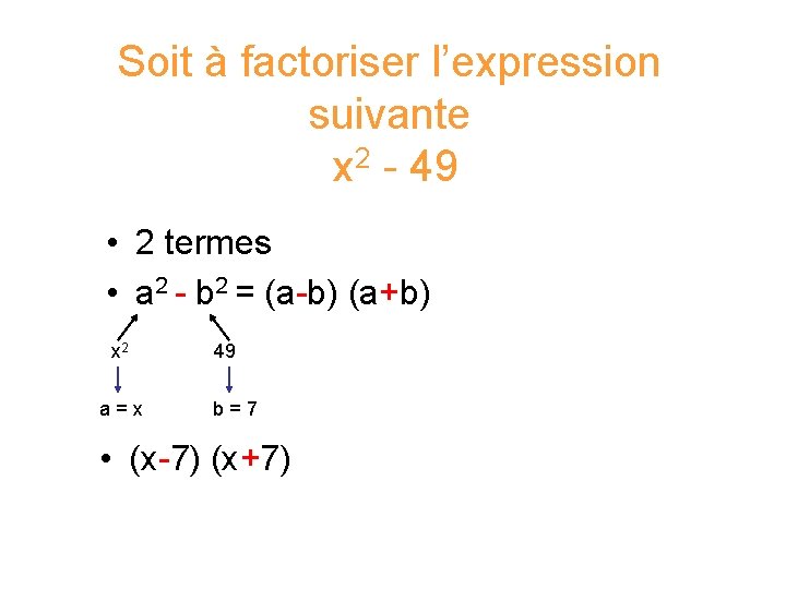 Soit à factoriser l’expression suivante x 2 - 49 • 2 termes • a