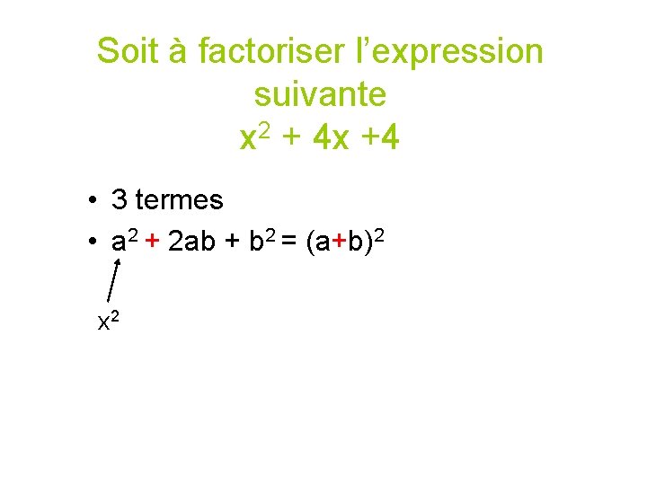 Soit à factoriser l’expression suivante x 2 + 4 x +4 • 3 termes