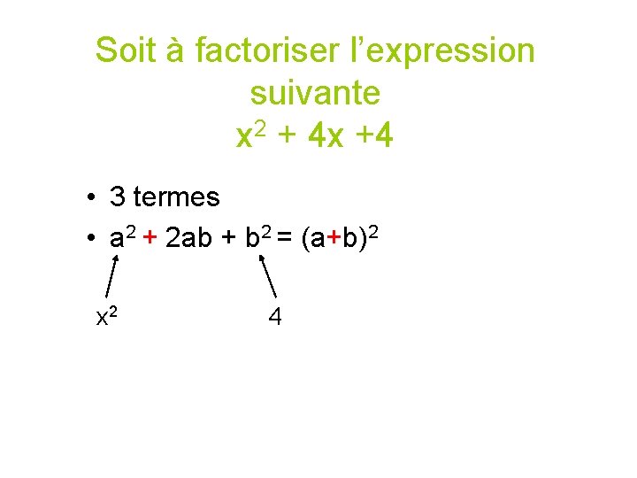 Soit à factoriser l’expression suivante x 2 + 4 x +4 • 3 termes