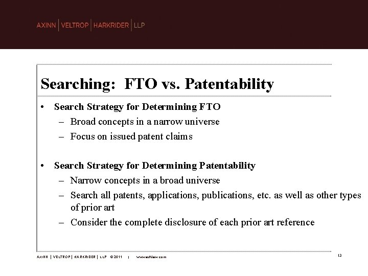 Searching: FTO vs. Patentability • Search Strategy for Determining FTO – Broad concepts in