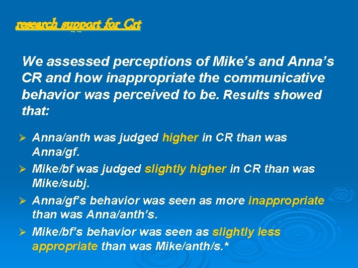 research support for Crt We assessed perceptions of Mike’s and Anna’s CR and how