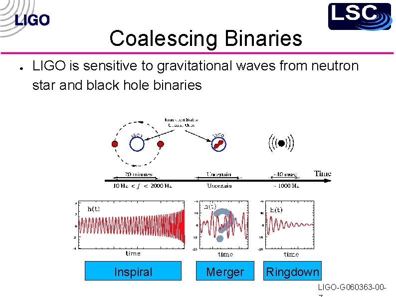 Coalescing Binaries ● LIGO is sensitive to gravitational waves from neutron star and black