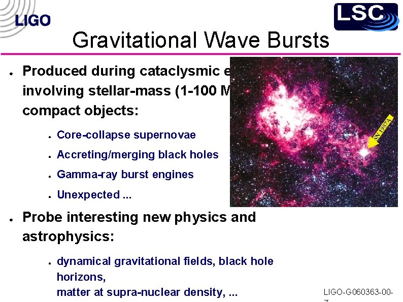 Gravitational Wave Bursts ● ● Produced during cataclysmic events involving stellar-mass (1 -100 M⊙)