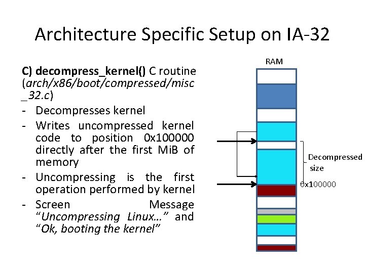 Architecture Specific Setup on IA-32 C) decompress_kernel() C routine (arch/x 86/boot/compressed/misc _32. c) -