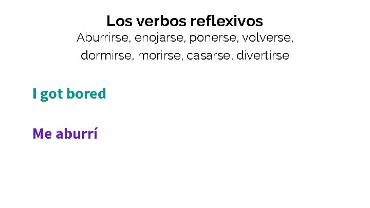 Los verbos reflexivos Aburrirse, enojarse, ponerse, volverse, dormirse, morirse, casarse, divertirse I got bored