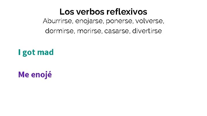 Los verbos reflexivos Aburrirse, enojarse, ponerse, volverse, dormirse, morirse, casarse, divertirse I got mad