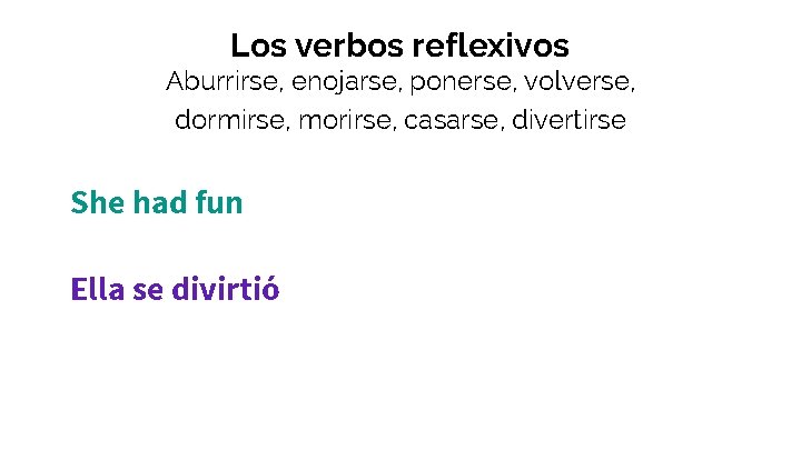 Los verbos reflexivos Aburrirse, enojarse, ponerse, volverse, dormirse, morirse, casarse, divertirse She had fun