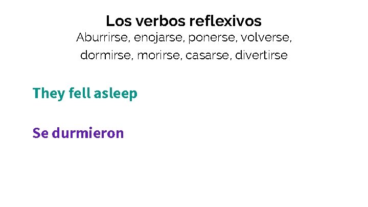 Los verbos reflexivos Aburrirse, enojarse, ponerse, volverse, dormirse, morirse, casarse, divertirse They fell asleep