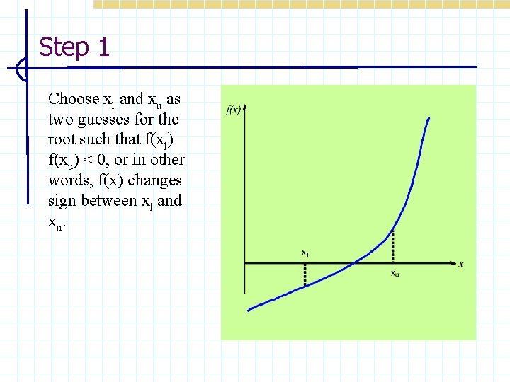 Step 1 Choose xl and xu as two guesses for the root such that