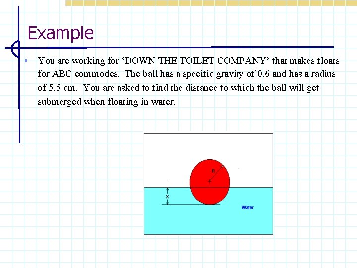 Example • You are working for ‘DOWN THE TOILET COMPANY’ that makes floats for