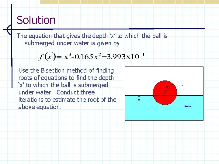 Solution The equation that gives the depth ‘x’ to which the ball is submerged