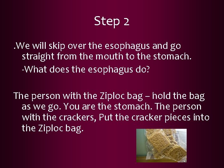 Step 2. We will skip over the esophagus and go straight from the mouth
