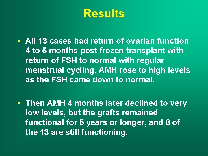 Results • All 13 cases had return of ovarian function 4 to 5 months