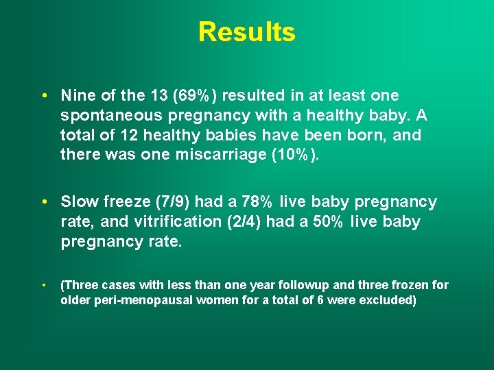 Results • Nine of the 13 (69%) resulted in at least one spontaneous pregnancy