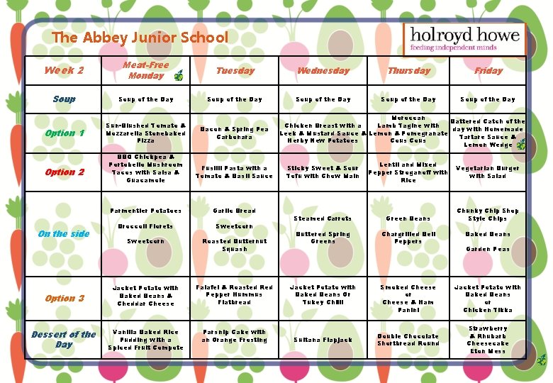 The Abbey Junior School Week 2 Meat-Free Monday Tuesday Wednesday Thursday Friday Soup of