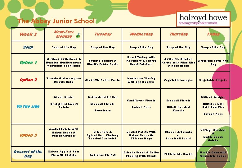 The Abbey Junior School Week 3 Meat-Free Monday Tuesday Wednesday Thursday Friday Soup of