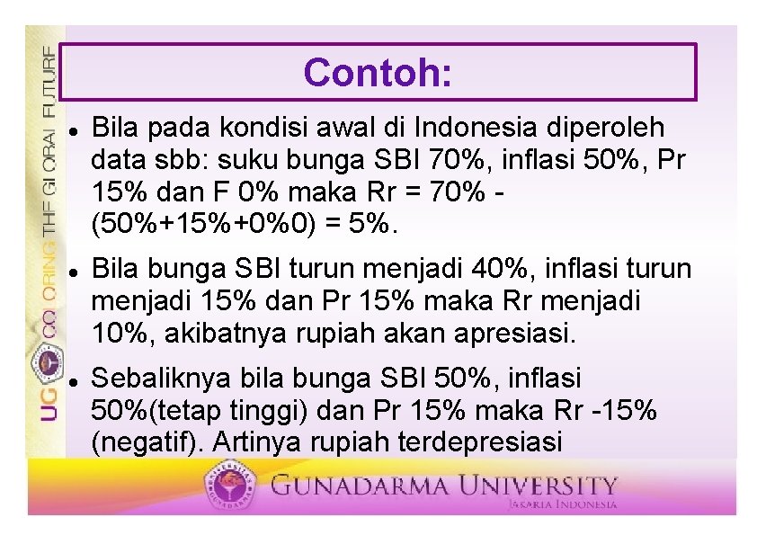 Contoh: Bila pada kondisi awal di Indonesia diperoleh data sbb: suku bunga SBI 70%,