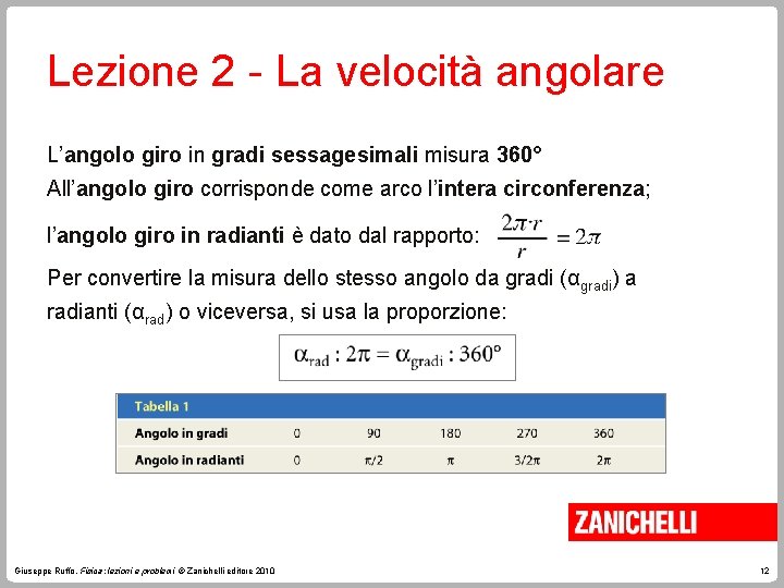 Lezione 2 - La velocità angolare L’angolo giro in gradi sessagesimali misura 360° All’angolo