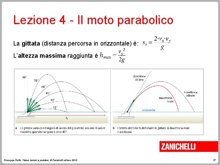 Lezione 4 - Il moto parabolico La gittata (distanza percorsa in orizzontale) è: L’altezza