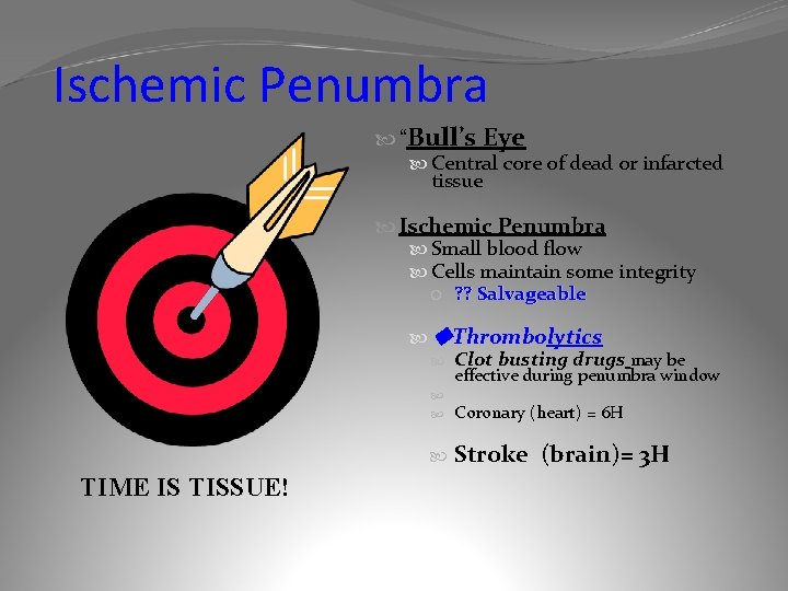 Ischemic Penumbra “Bull’s Eye Central core of dead or infarcted tissue Ischemic Penumbra Small