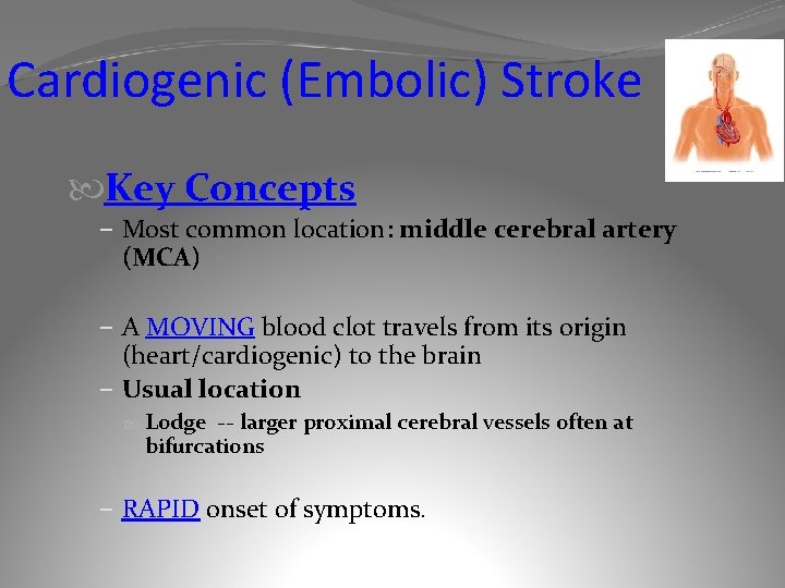 Cardiogenic (Embolic) Stroke Key Concepts – Most common location: middle cerebral artery (MCA) –