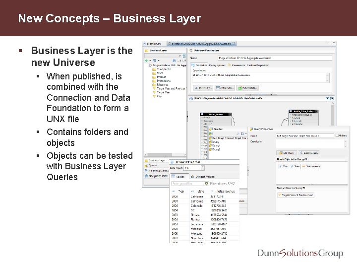 New Concepts – Business Layer § Business Layer is the new Universe § When