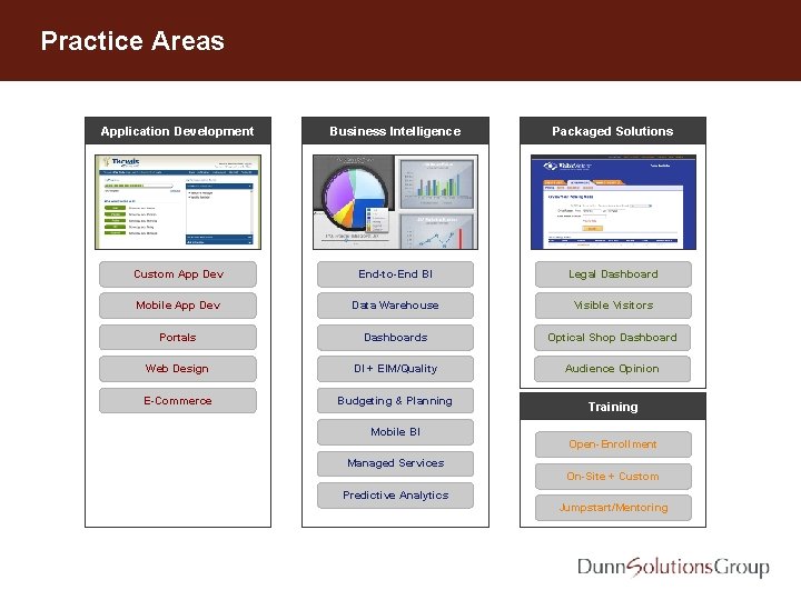 Practice Areas Application Development Business Intelligence Packaged Solutions Custom App Dev End-to-End BI Legal