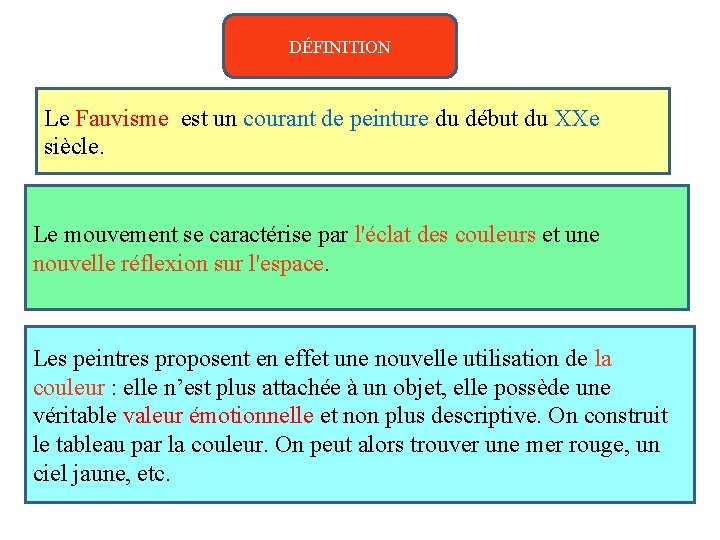 DÉFINITION Le Fauvisme est un courant de peinture du début du XXe siècle. Le