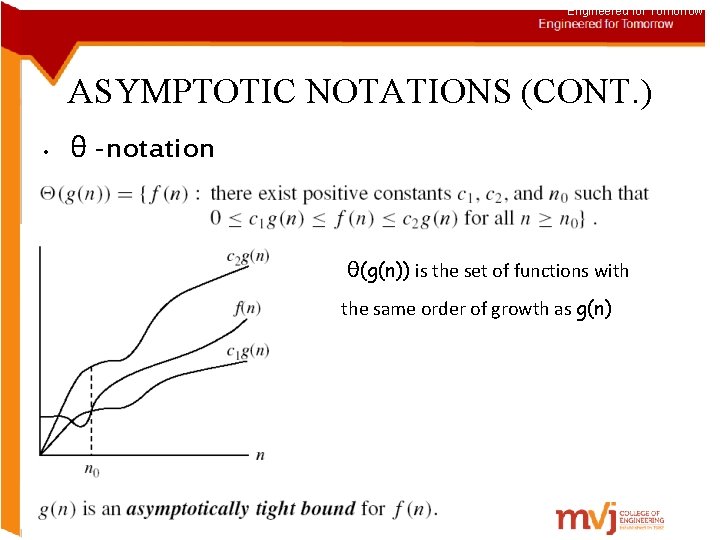 Engineered for Tomorrow ASYMPTOTIC NOTATIONS (CONT. ) • θ -notation θ(g(n)) is the set