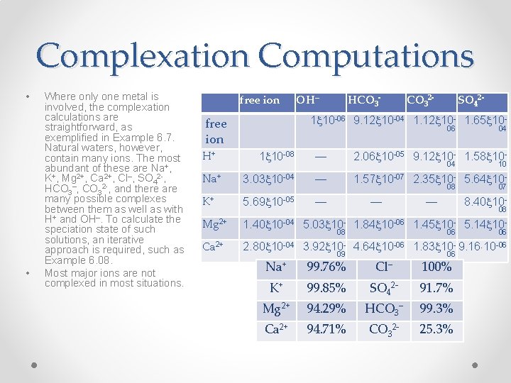 Complexation Computations • • Where only one metal is involved, the complexation calculations are