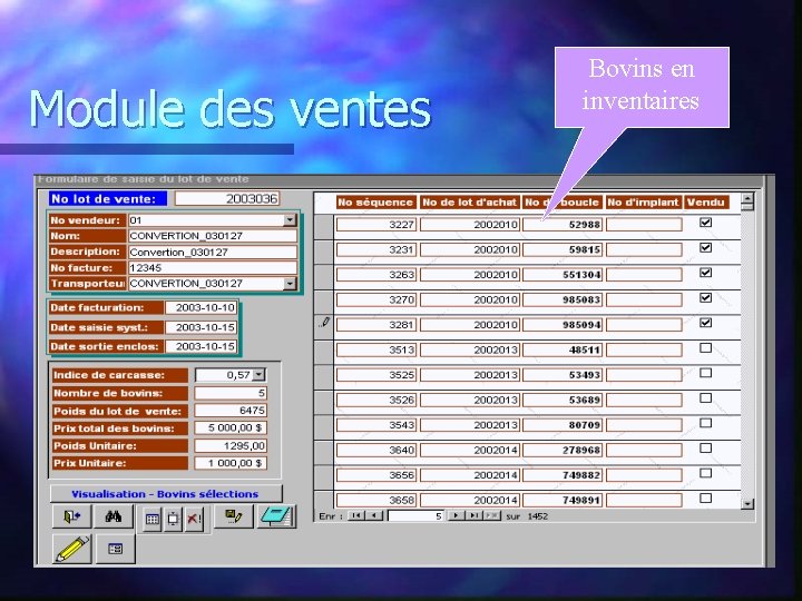 Module des ventes Bovins en inventaires 