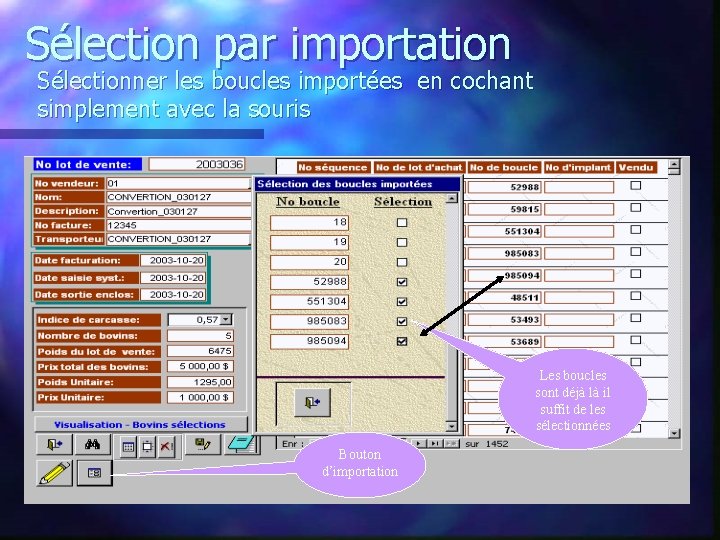 Sélection par importation Sélectionner les boucles importées en cochant simplement avec la souris Les