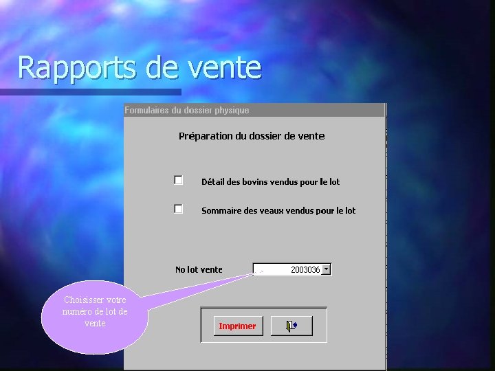 Rapports de vente Choisisser votre numéro de lot de vente 