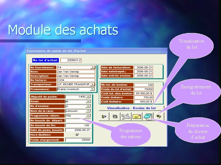 Module des achats Visualisation du lot Enregistrement du lot Programme des rations Préparation du