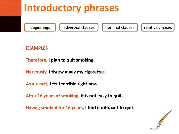 Introductory phrases beginnings adverbial clauses nominal clauses EXAMPLES Therefore, I plan to quit smoking.