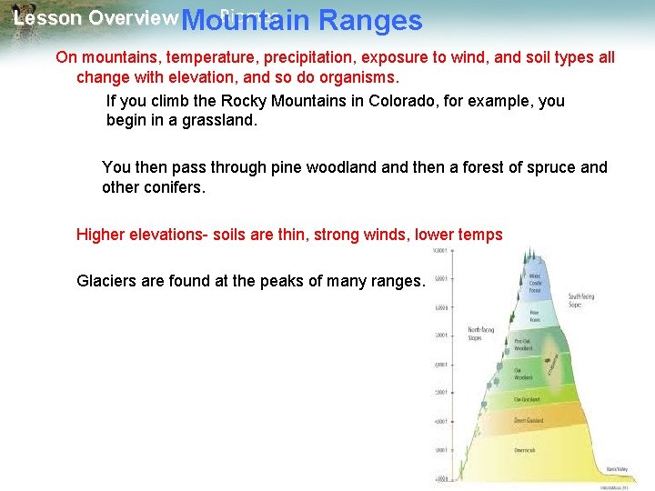 Biomes Lesson Overview Mountain Ranges On mountains, temperature, precipitation, exposure to wind, and soil