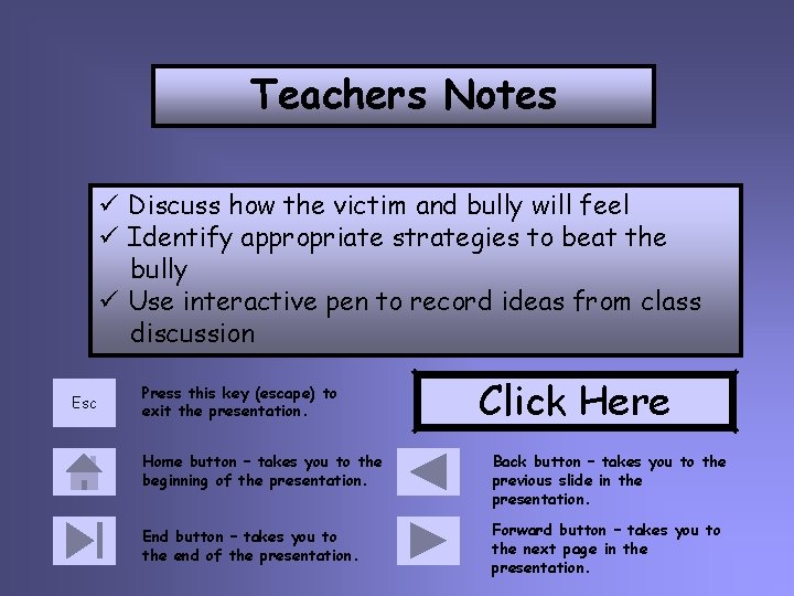 Teachers Notes ü Discuss how the victim and bully will feel ü Identify appropriate