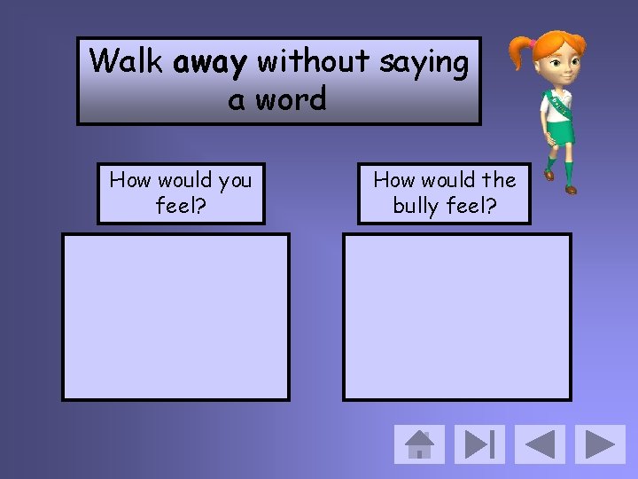 Walk away without saying a word How would you feel? How would the bully