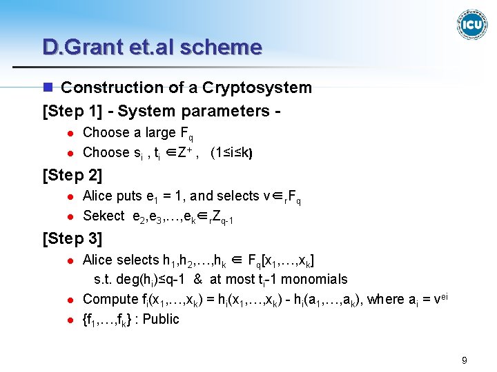 D. Grant et. al scheme n Construction of a Cryptosystem [Step 1] - System