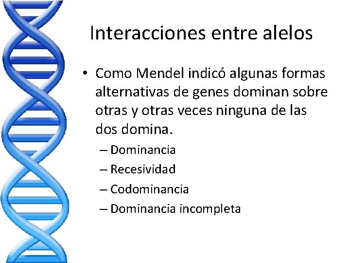 Interacciones entre alelos • Como Mendel indicó algunas formas alternativas de genes dominan sobre Interacciones entre alelos • Como Mendel indicó algunas formas alternativas de genes dominan sobre