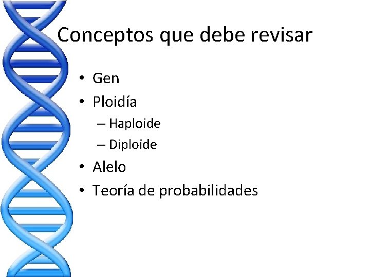 Conceptos que debe revisar • Gen • Ploidía – Haploide – Diploide • Alelo Conceptos que debe revisar • Gen • Ploidía – Haploide – Diploide • Alelo