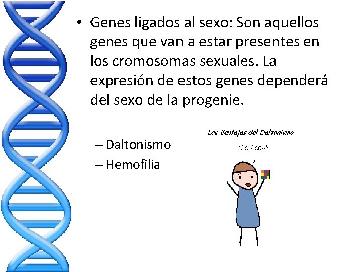 • Genes ligados al sexo: Son aquellos genes que van a estar presentes • Genes ligados al sexo: Son aquellos genes que van a estar presentes