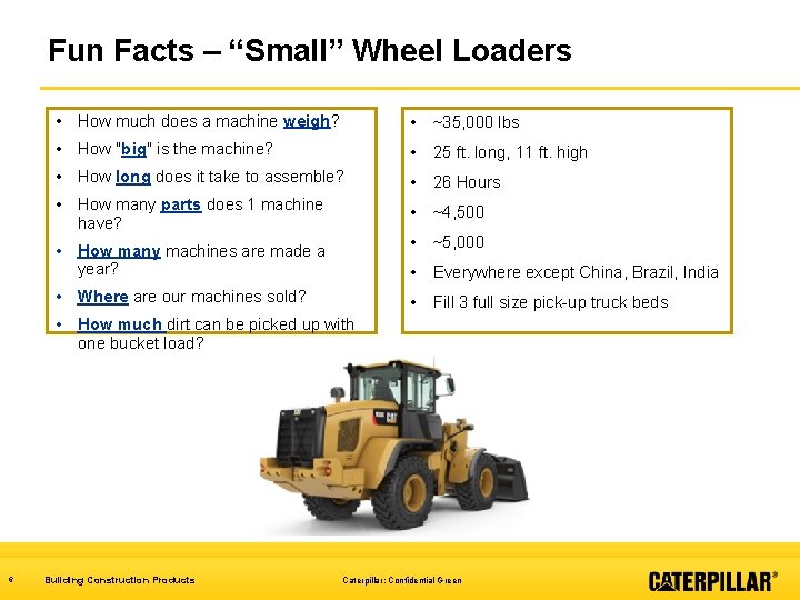 Fun Facts – “Small” Wheel Loaders • How much does a machine weigh? •